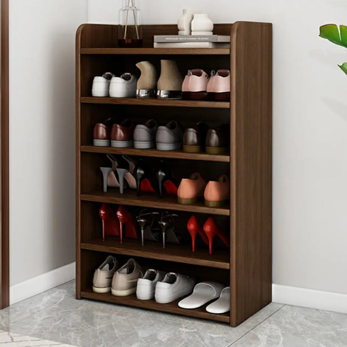 Tall Wood Free Standing Natural Closed Back Large Shoe Rack Image - 27