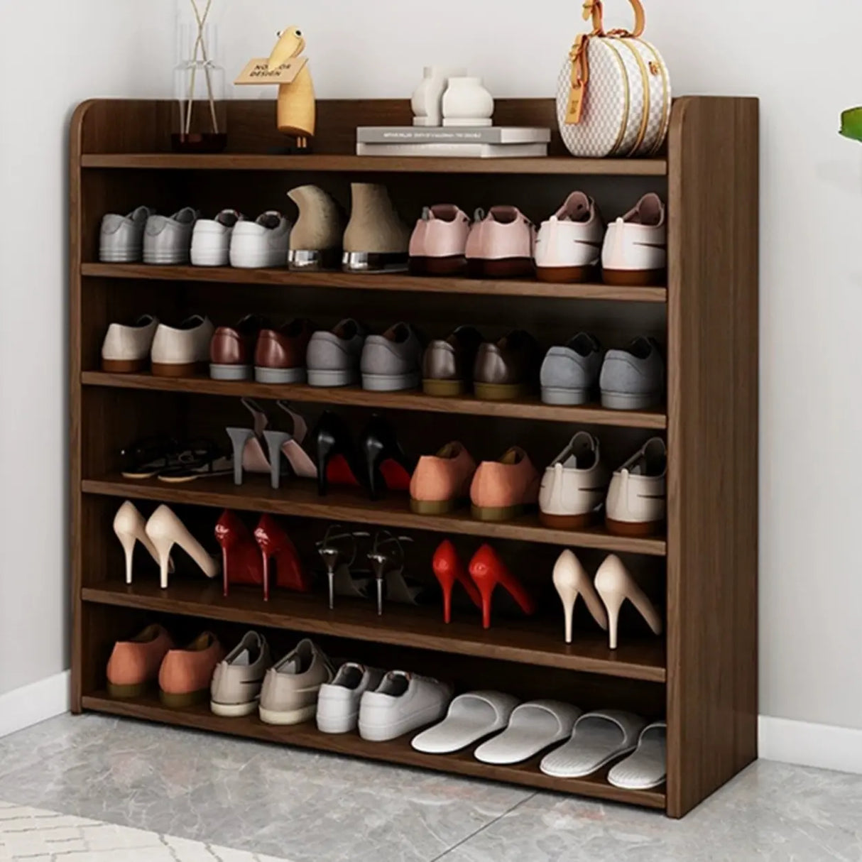Tall Wood Free Standing Natural Closed Back Large Shoe Rack Image - 28