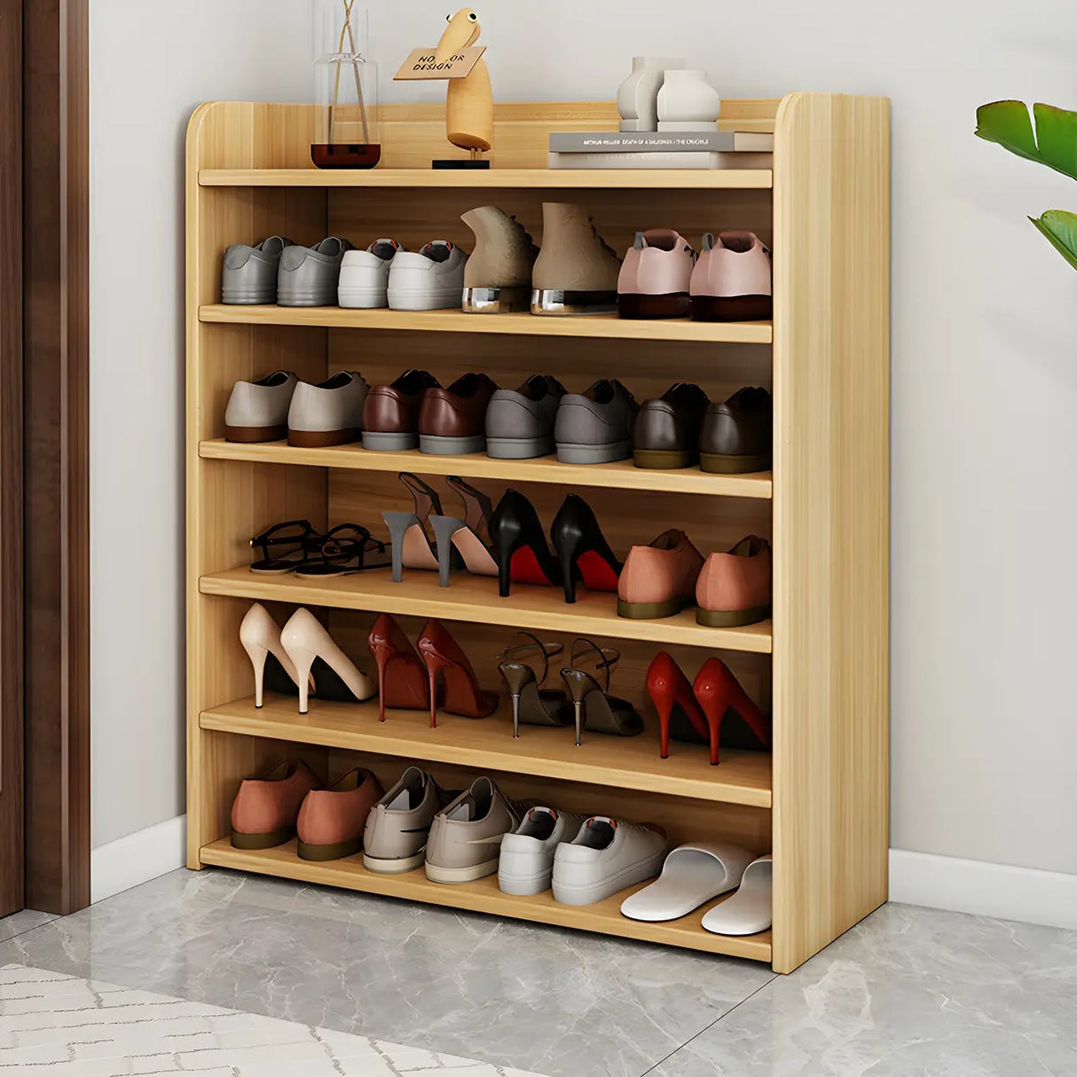Tall Wood Free Standing Natural Closed Back Large Shoe Rack Image - 3