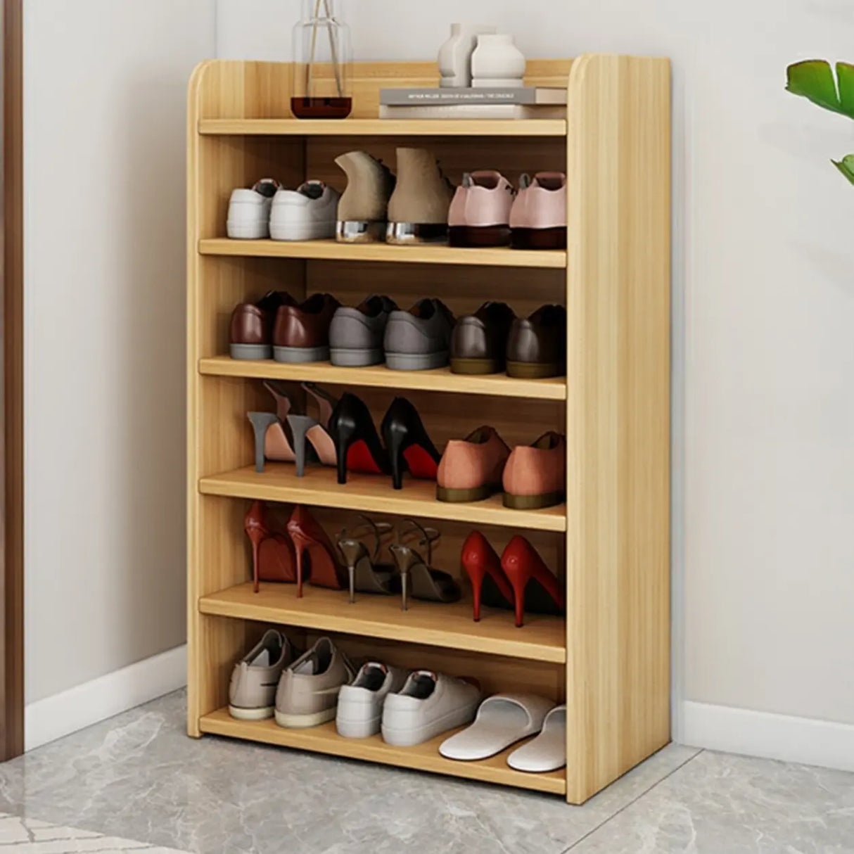 Tall Wood Free Standing Natural Closed Back Large Shoe Rack Image - 30