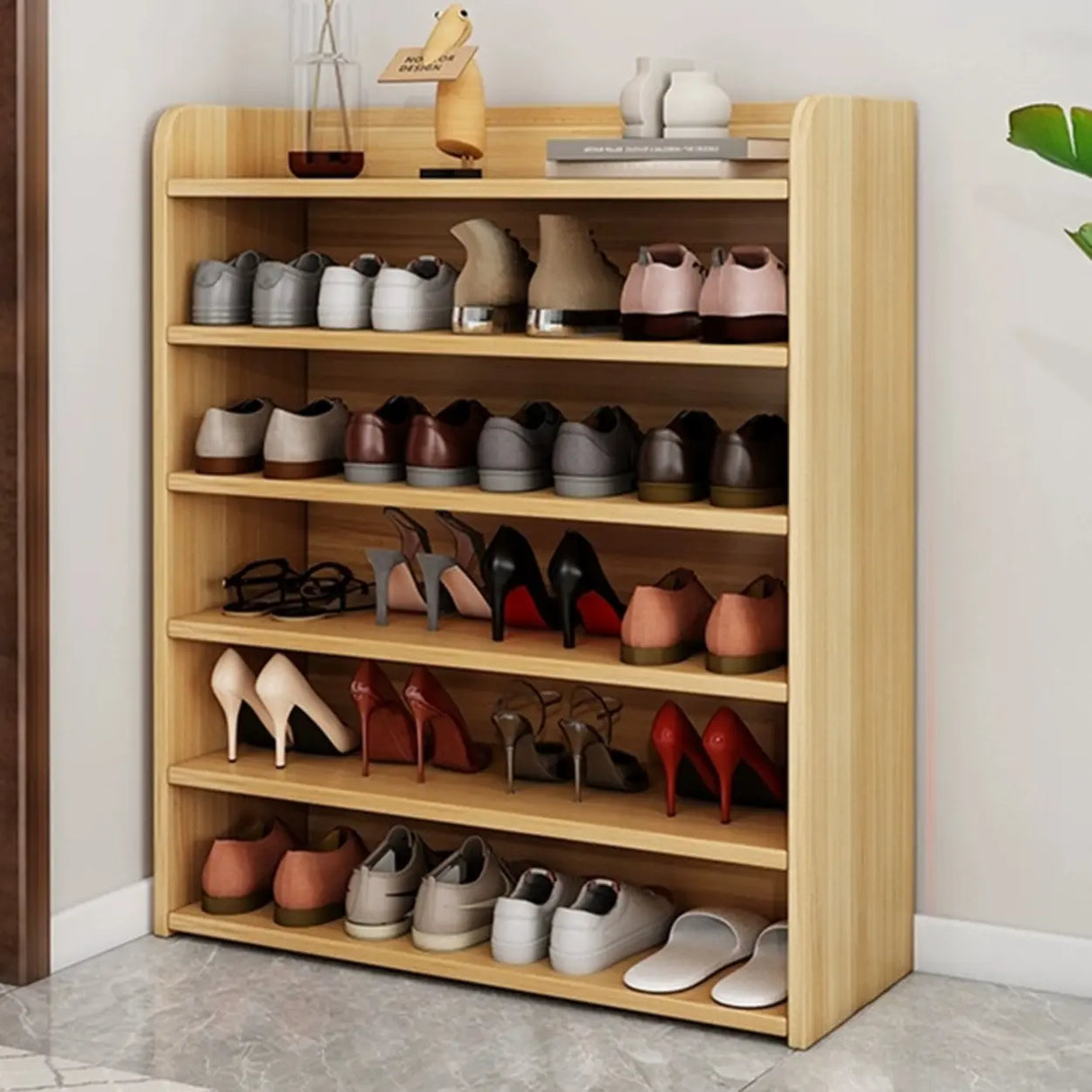 Tall Wood Free Standing Natural Closed Back Large Shoe Rack Image - 31