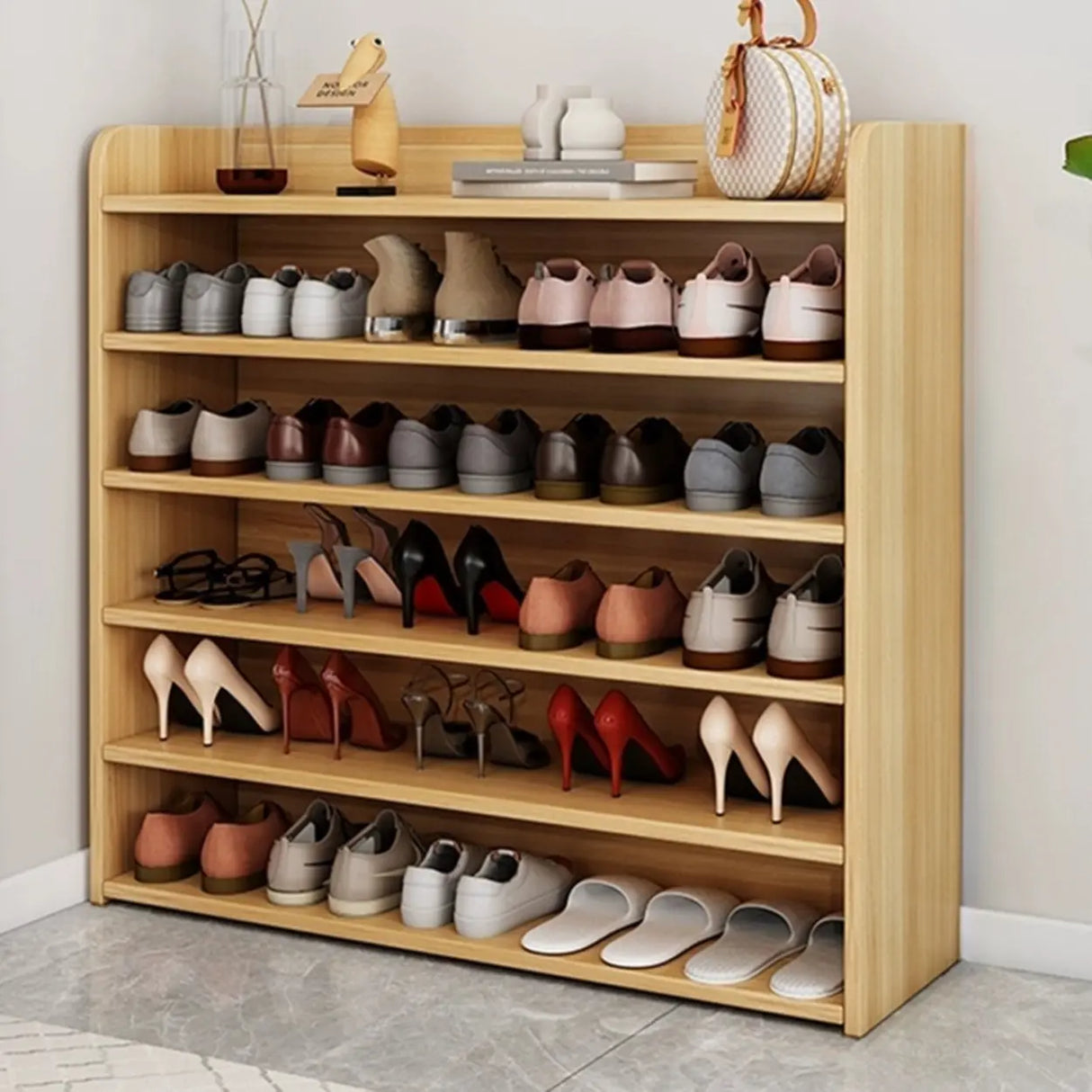 Tall Wood Free Standing Natural Closed Back Large Shoe Rack Image - 32