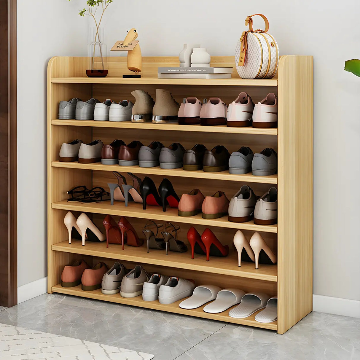 Tall Wood Free Standing Natural Closed Back Large Shoe Rack Image - 4