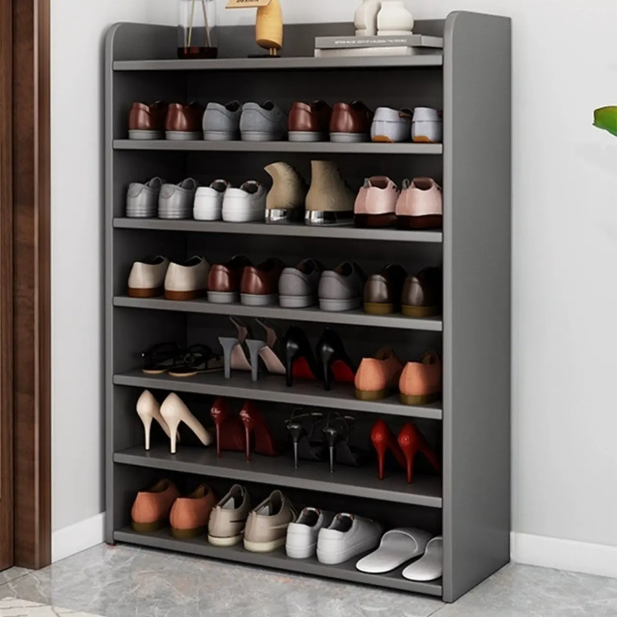 Tall Wood Free Standing Natural Closed Back Large Shoe Rack Image - 5