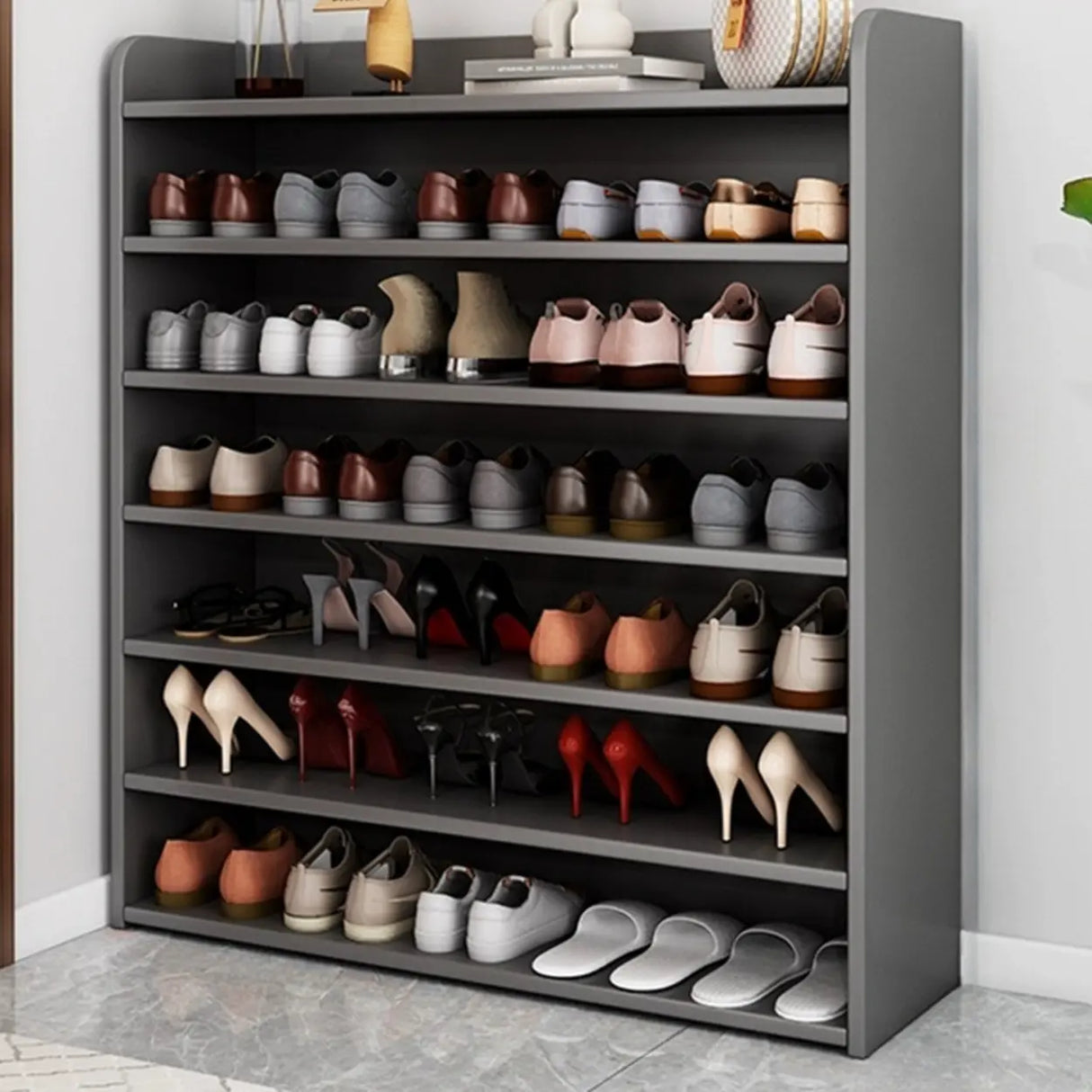 Tall Wood Free Standing Natural Closed Back Large Shoe Rack Image - 6