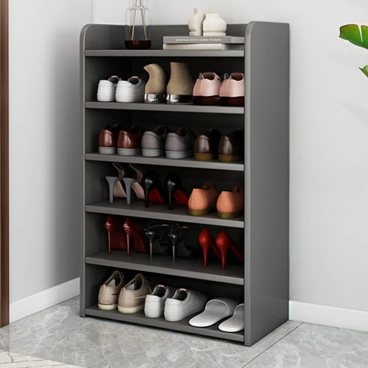 Tall Wood Free Standing Natural Closed Back Large Shoe Rack Image - 7