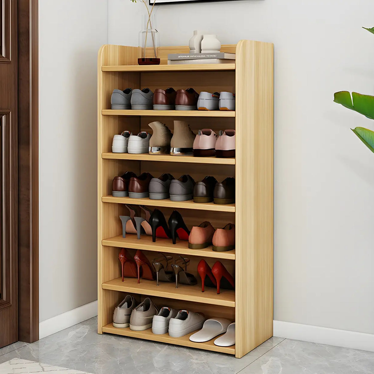 Tall Wood Free Standing Natural Closed Back Large Shoe Rack Image - 8
