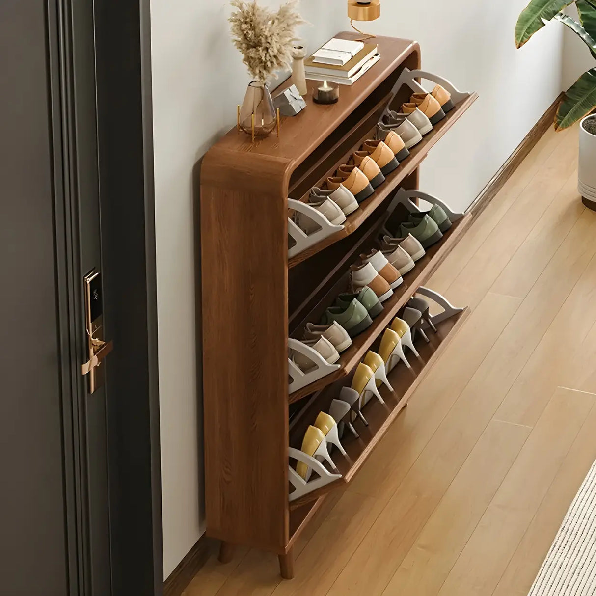 Tall Wooden Adjustable Brown Drop Front Shoe Organizer Image - 10