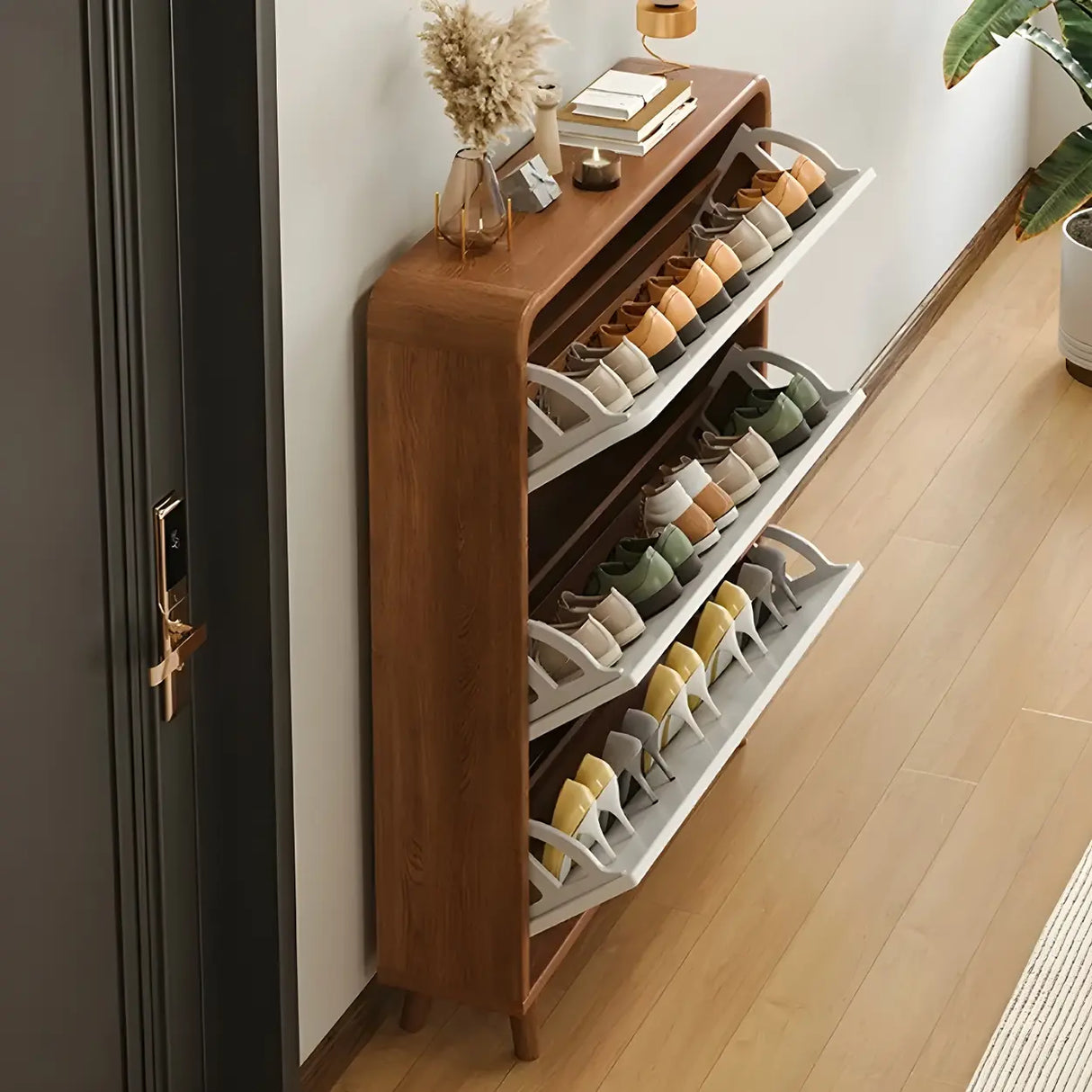 Tall Wooden Adjustable Brown Drop Front Shoe Organizer Image - 11