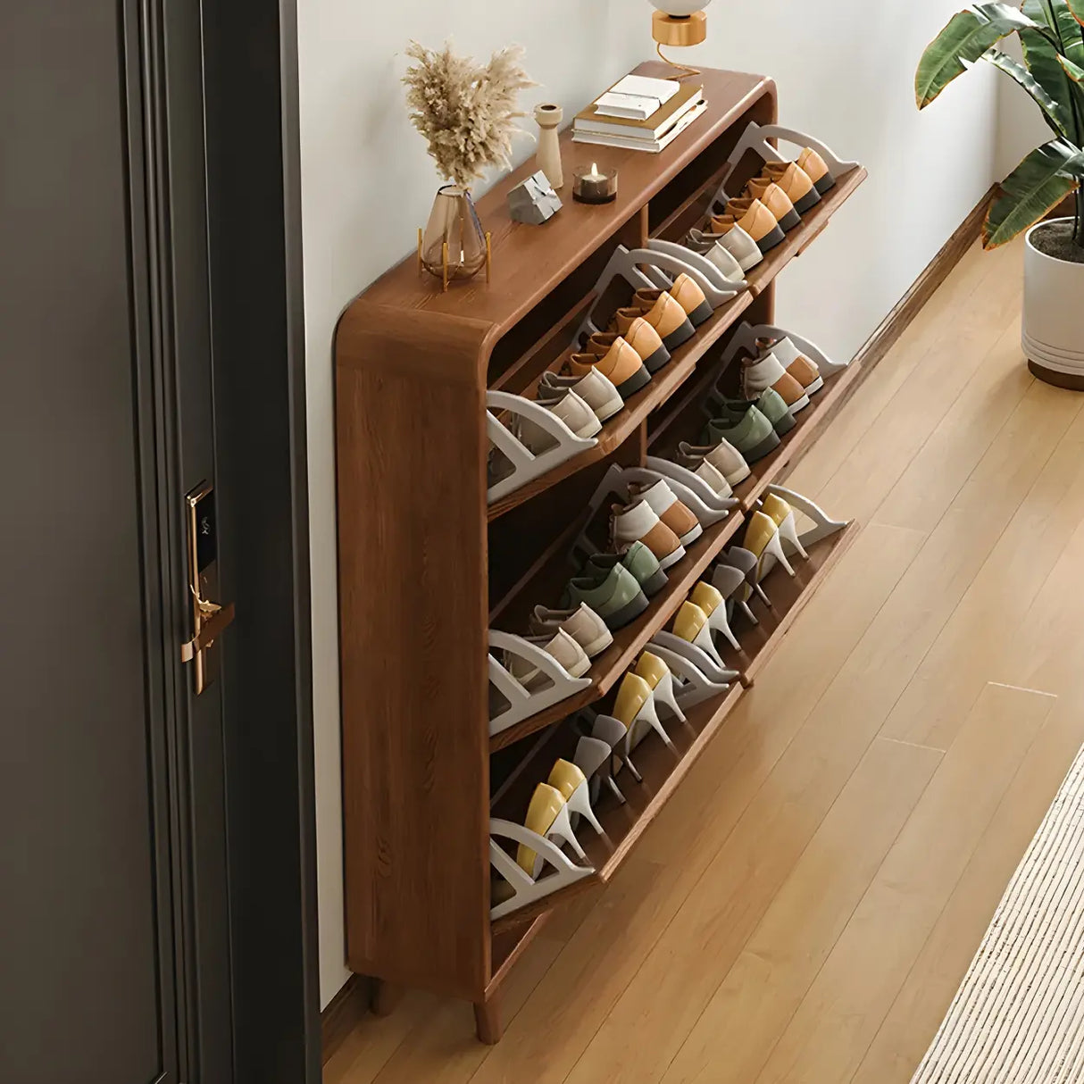 Tall Wooden Adjustable Brown Drop Front Shoe Organizer Image - 13