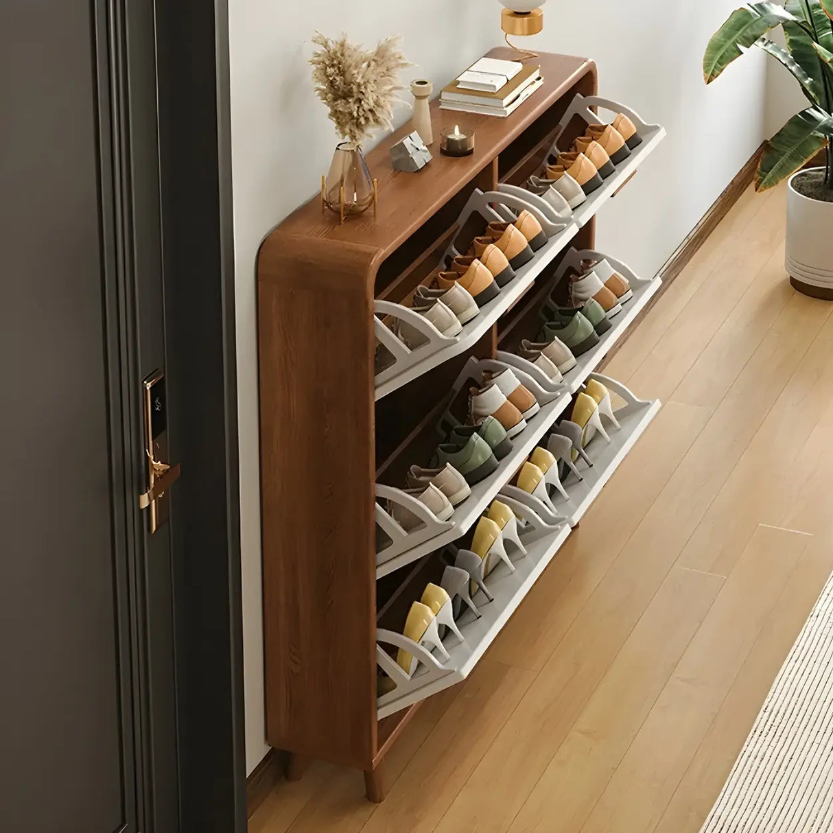 Tall Wooden Adjustable Brown Drop Front Shoe Organizer Image - 15