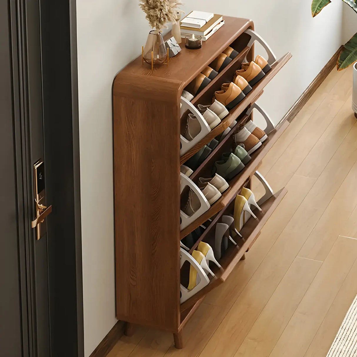 Tall Wooden Adjustable Brown Drop Front Shoe Organizer Image - 16