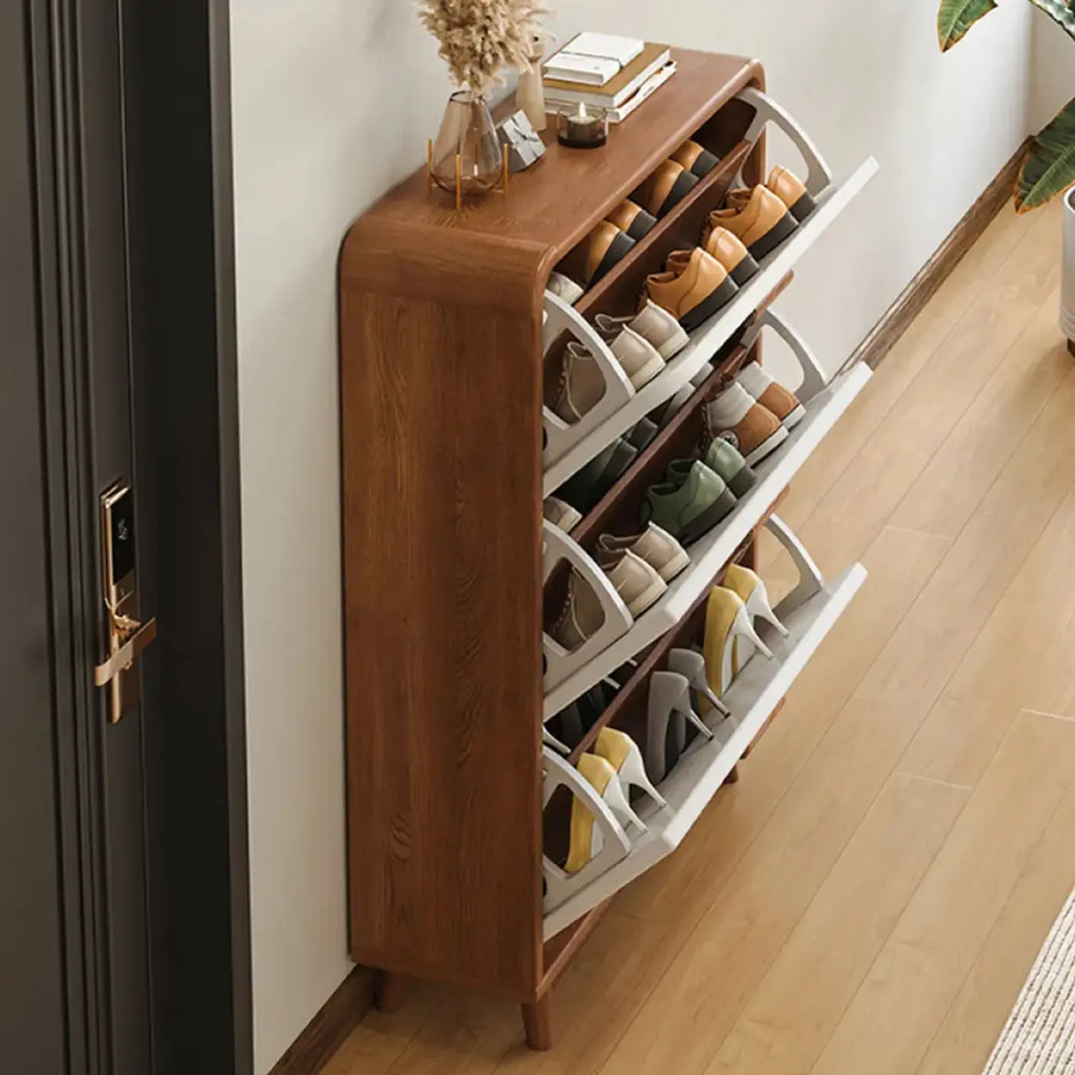 Tall Wooden Adjustable Brown Drop Front Shoe Organizer Image - 17