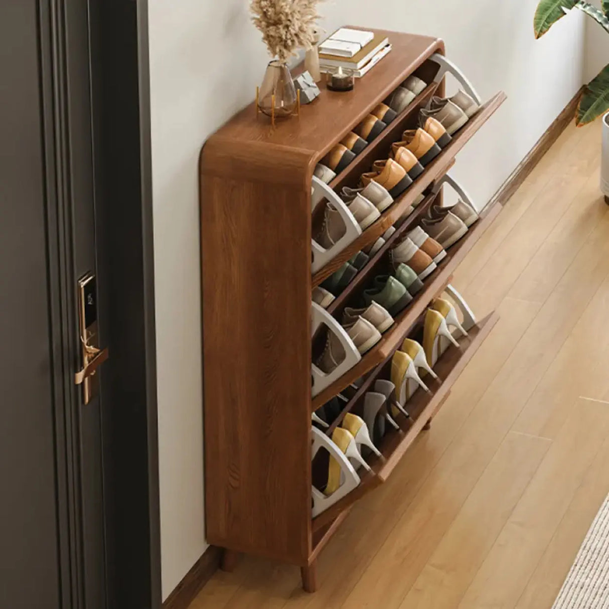 Tall Wooden Adjustable Brown Drop Front Shoe Organizer Image - 18