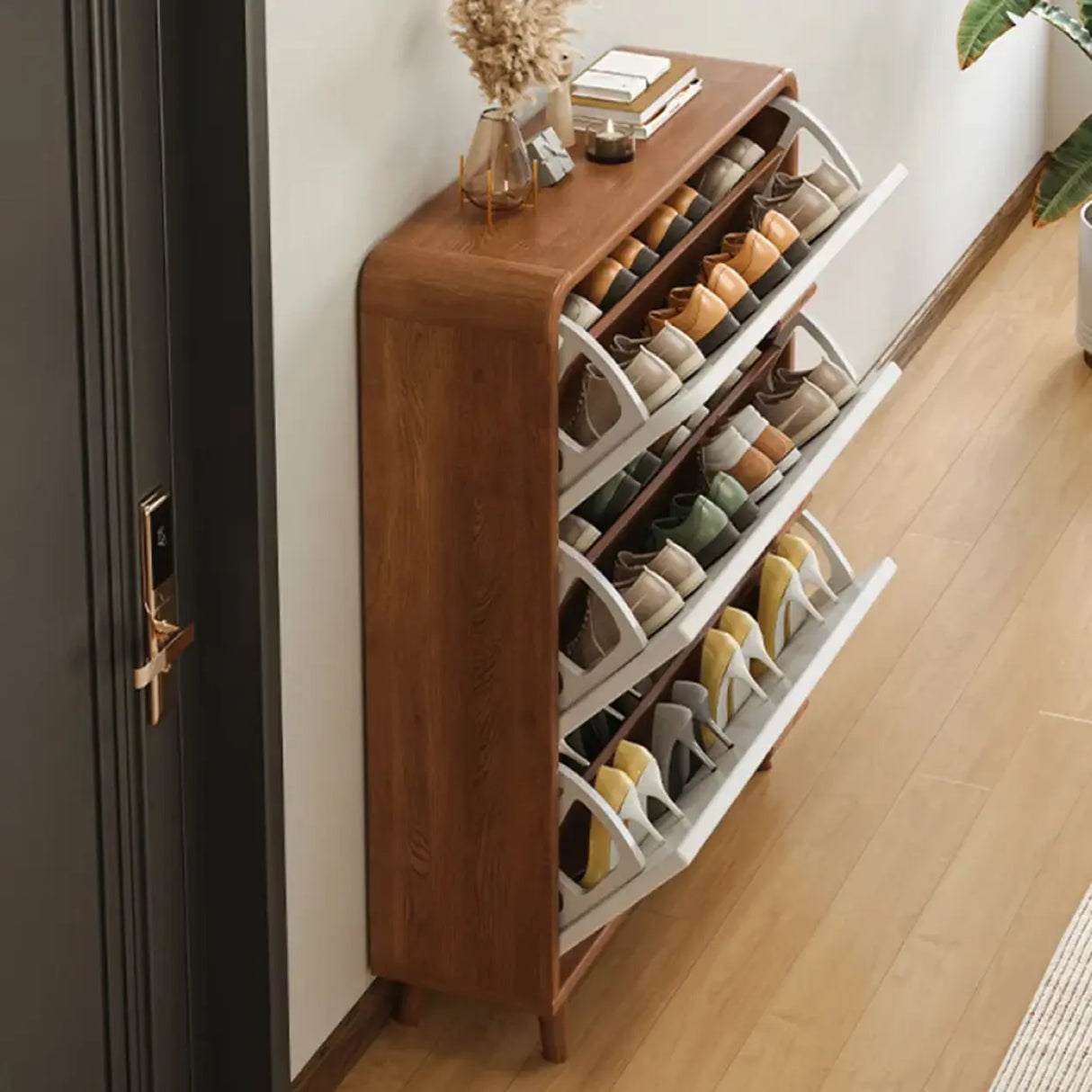 Tall Wooden Adjustable Brown Drop Front Shoe Organizer Image - 19