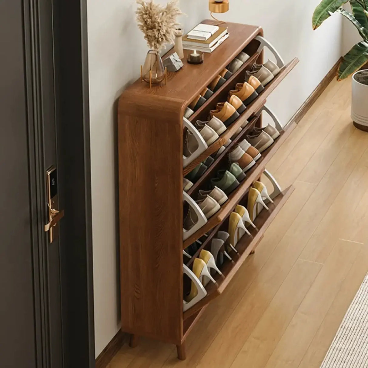 Tall Wooden Adjustable Brown Drop Front Shoe Organizer Image - 20