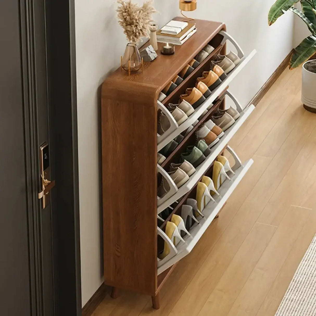 Tall Wooden Adjustable Brown Drop Front Shoe Organizer Image - 21