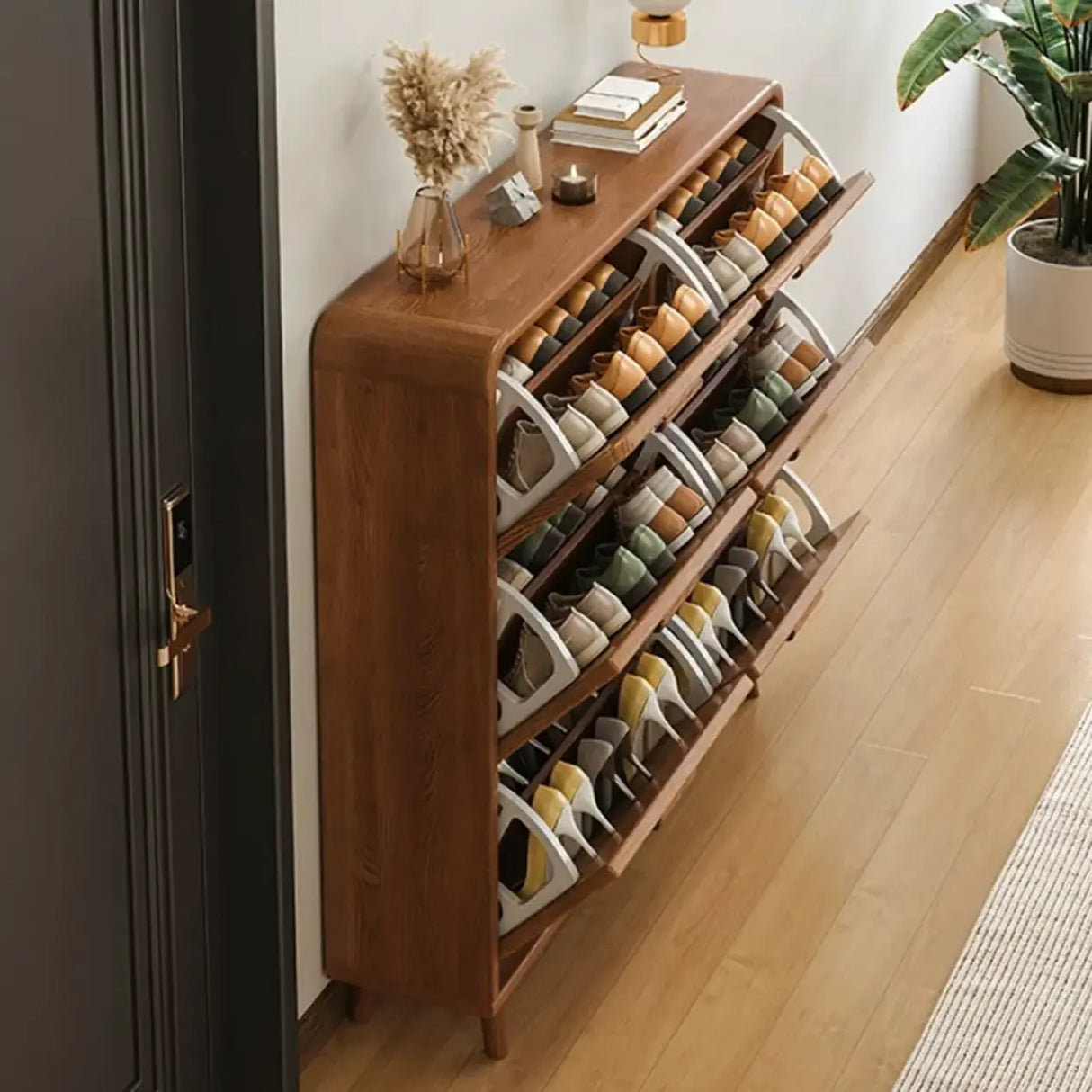 Tall Wooden Adjustable Brown Drop Front Shoe Organizer Image - 22