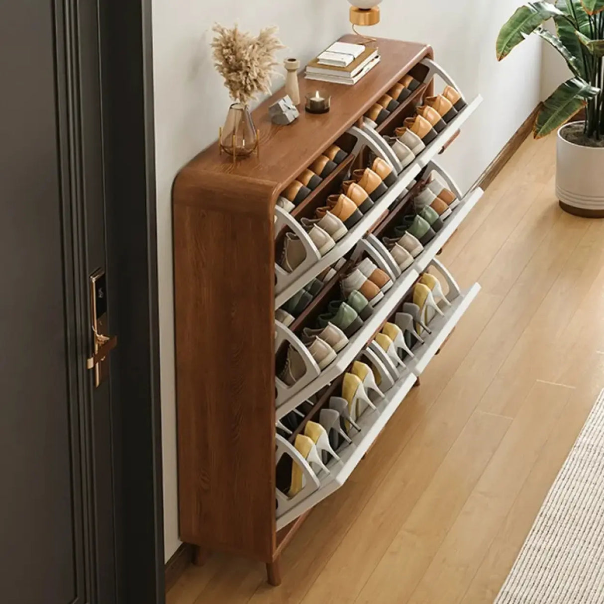 Tall Wooden Adjustable Brown Drop Front Shoe Organizer Image - 23