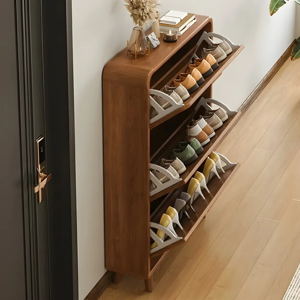 Tall Wooden Adjustable Brown Drop Front Shoe Organizer Image - 2