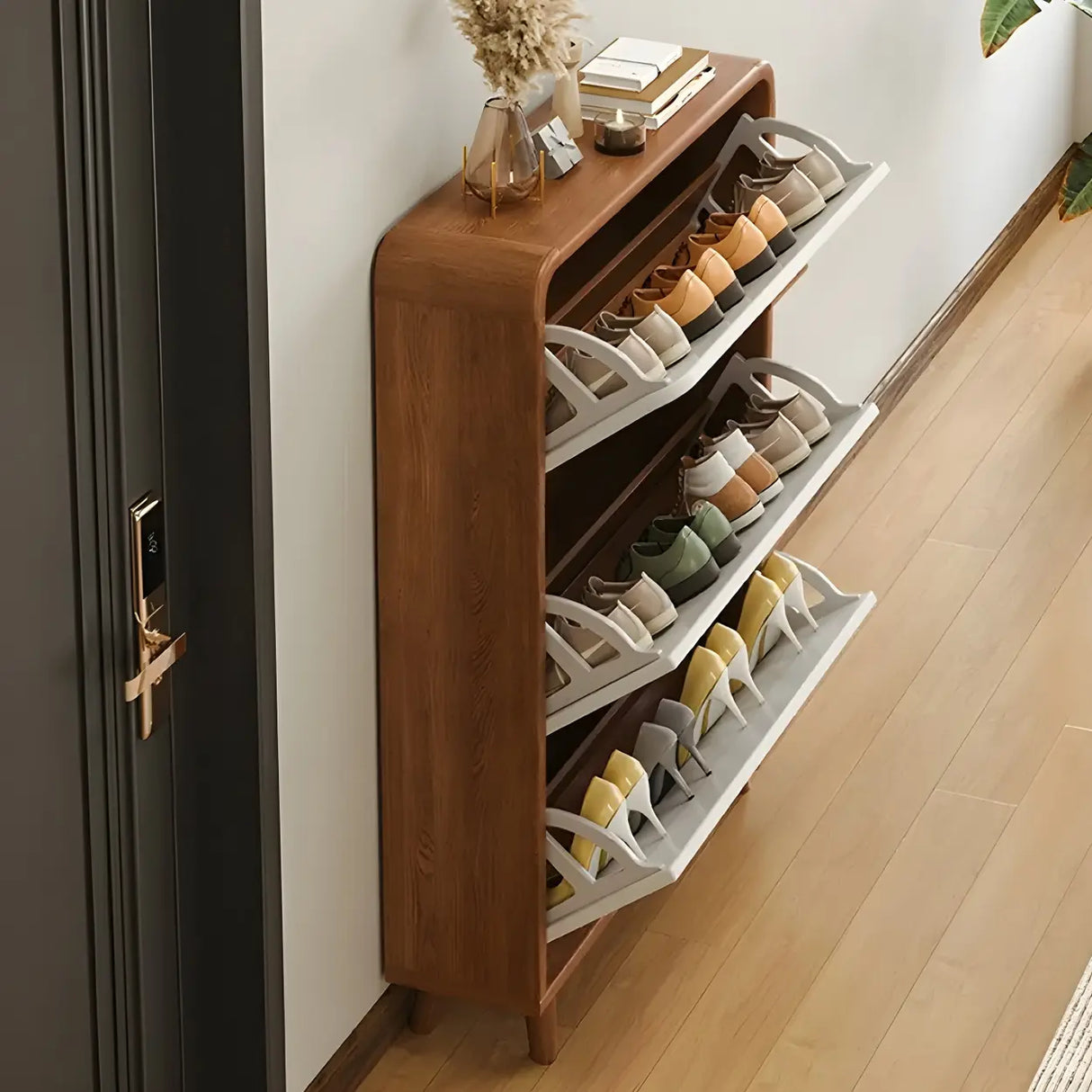 Tall Wooden Adjustable Brown Drop Front Shoe Organizer Image - 4