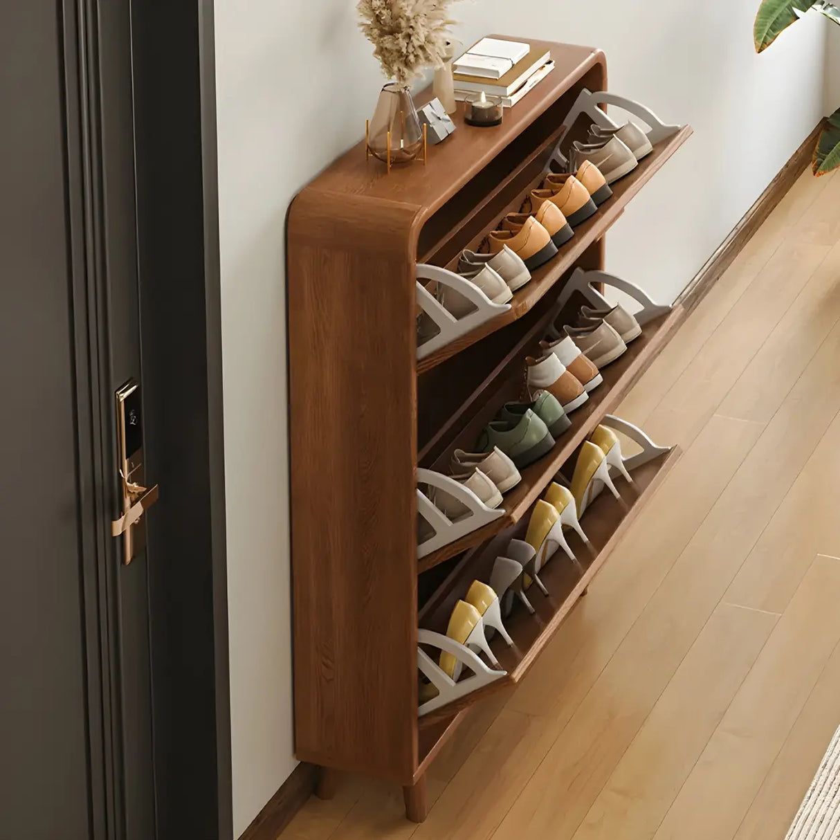 Tall Wooden Adjustable Brown Drop Front Shoe Organizer Image - 6