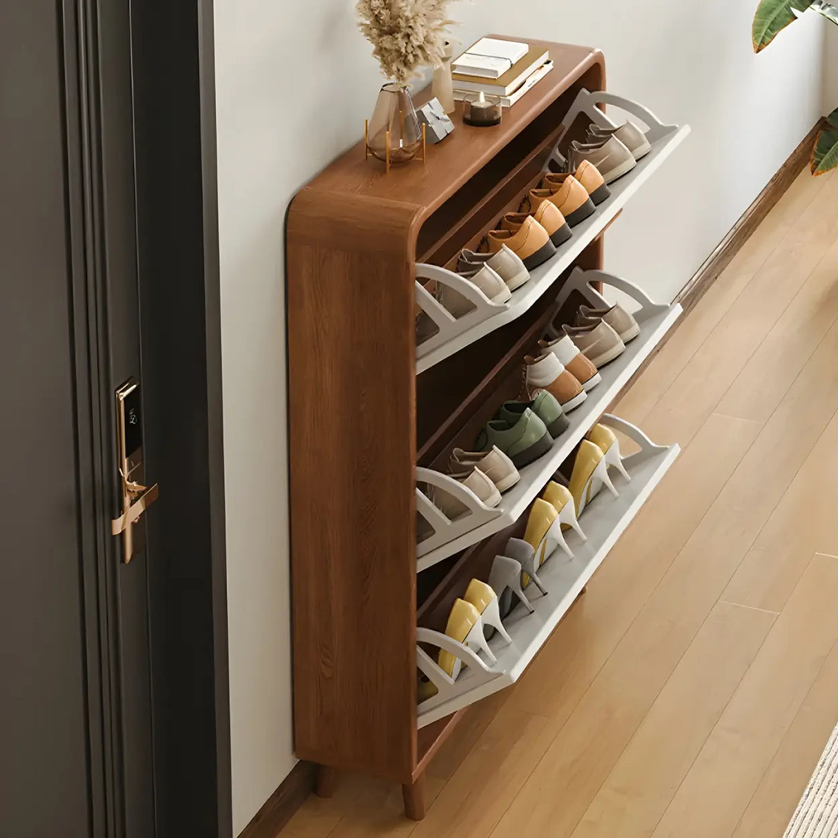 Tall Wooden Adjustable Brown Drop Front Shoe Organizer Image - 7