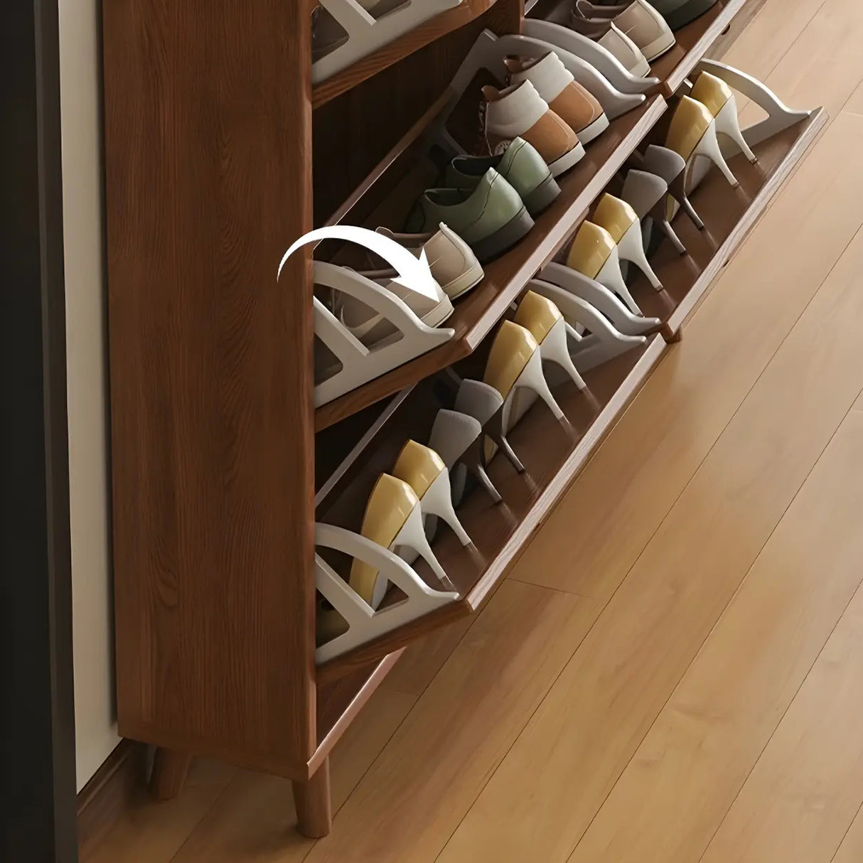 Tall Wooden Adjustable Brown Drop Front Shoe Organizer Image - 8