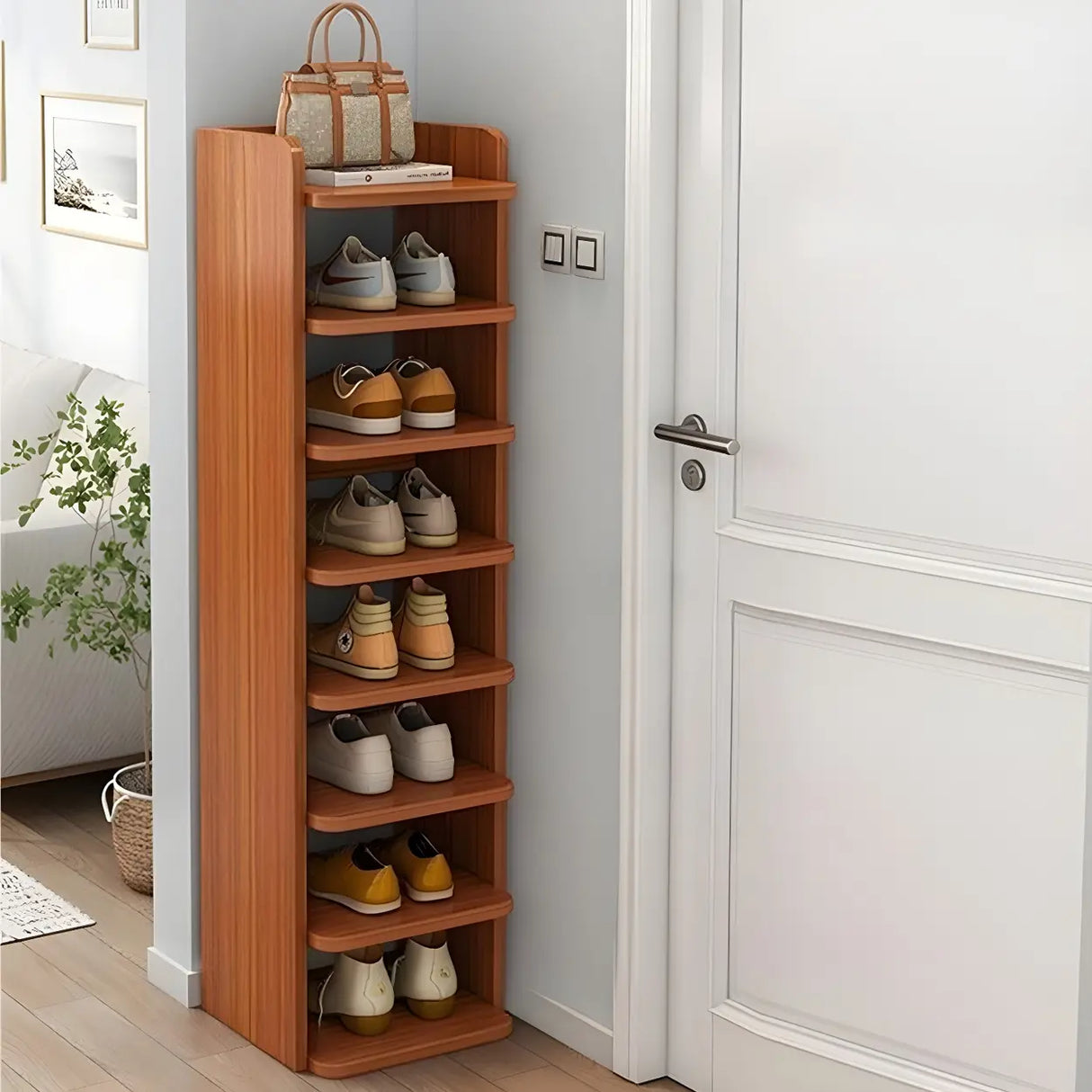 Tall Wooden Entryway Brown Large Capacity Shoe Rack Image - 11