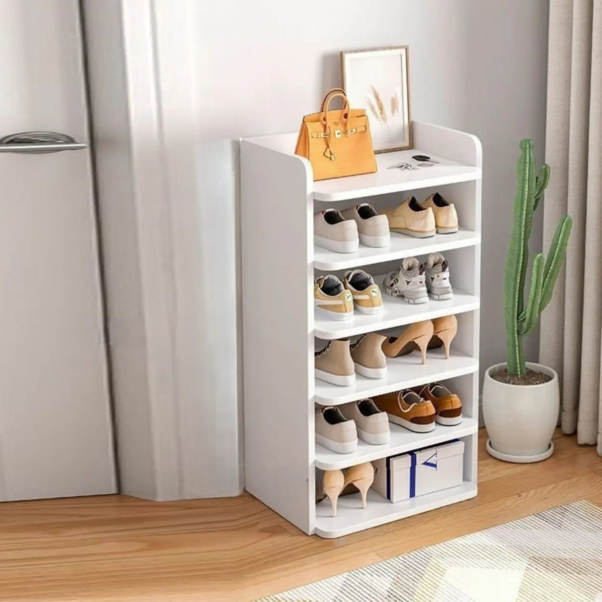 Tall Wooden Entryway Brown Large Capacity Shoe Rack Image - 12