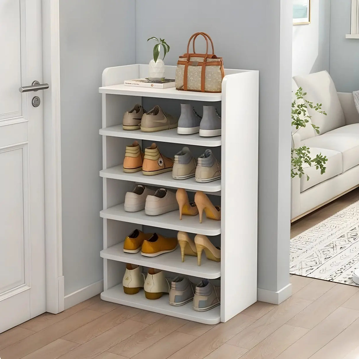 Tall Wooden Entryway Brown Large Capacity Shoe Rack Image - 13