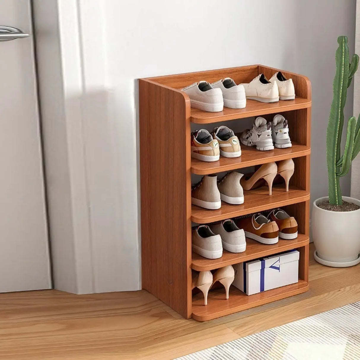 Tall Wooden Entryway Brown Large Capacity Shoe Rack Image - 16