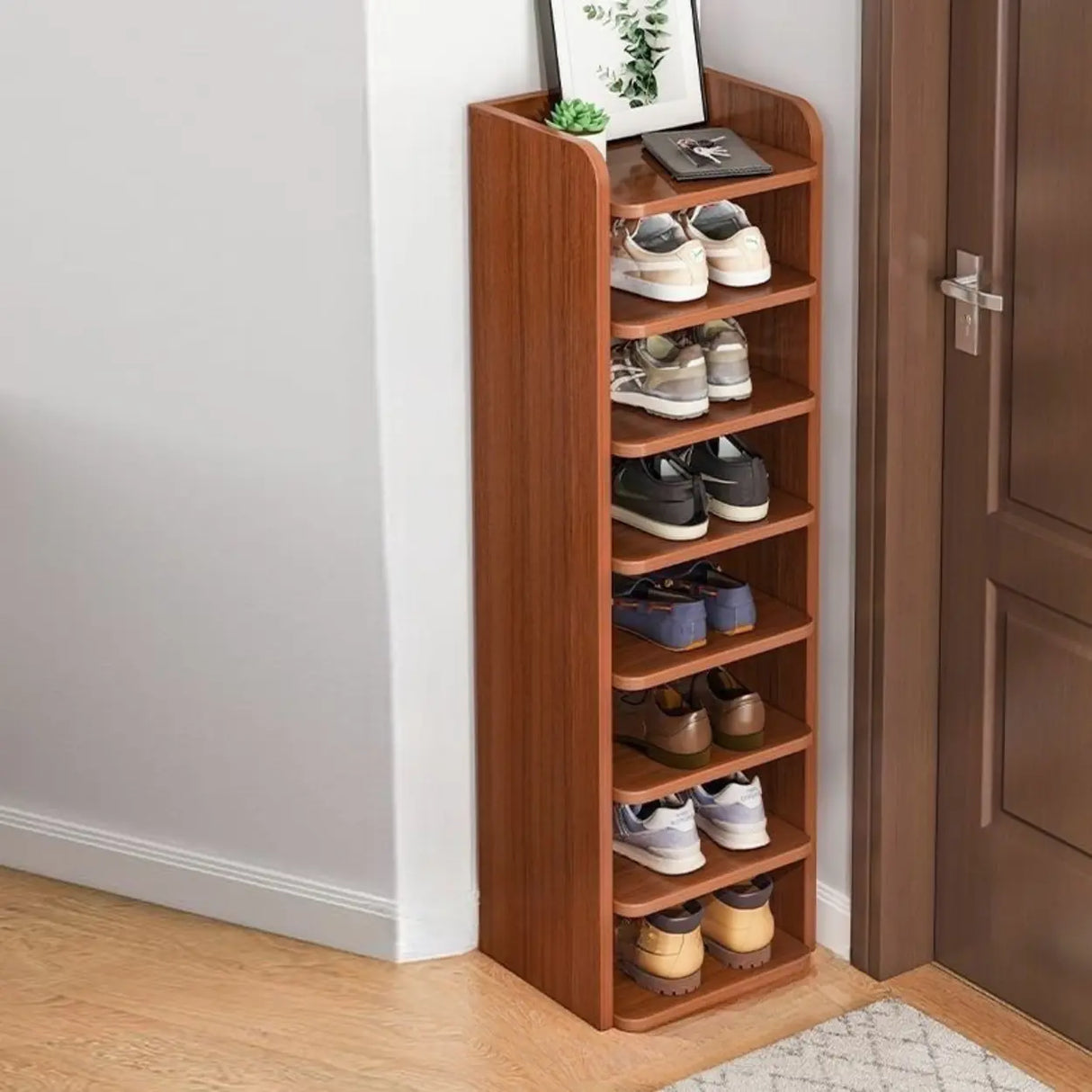 Tall Wooden Entryway Brown Large Capacity Shoe Rack Image - 17