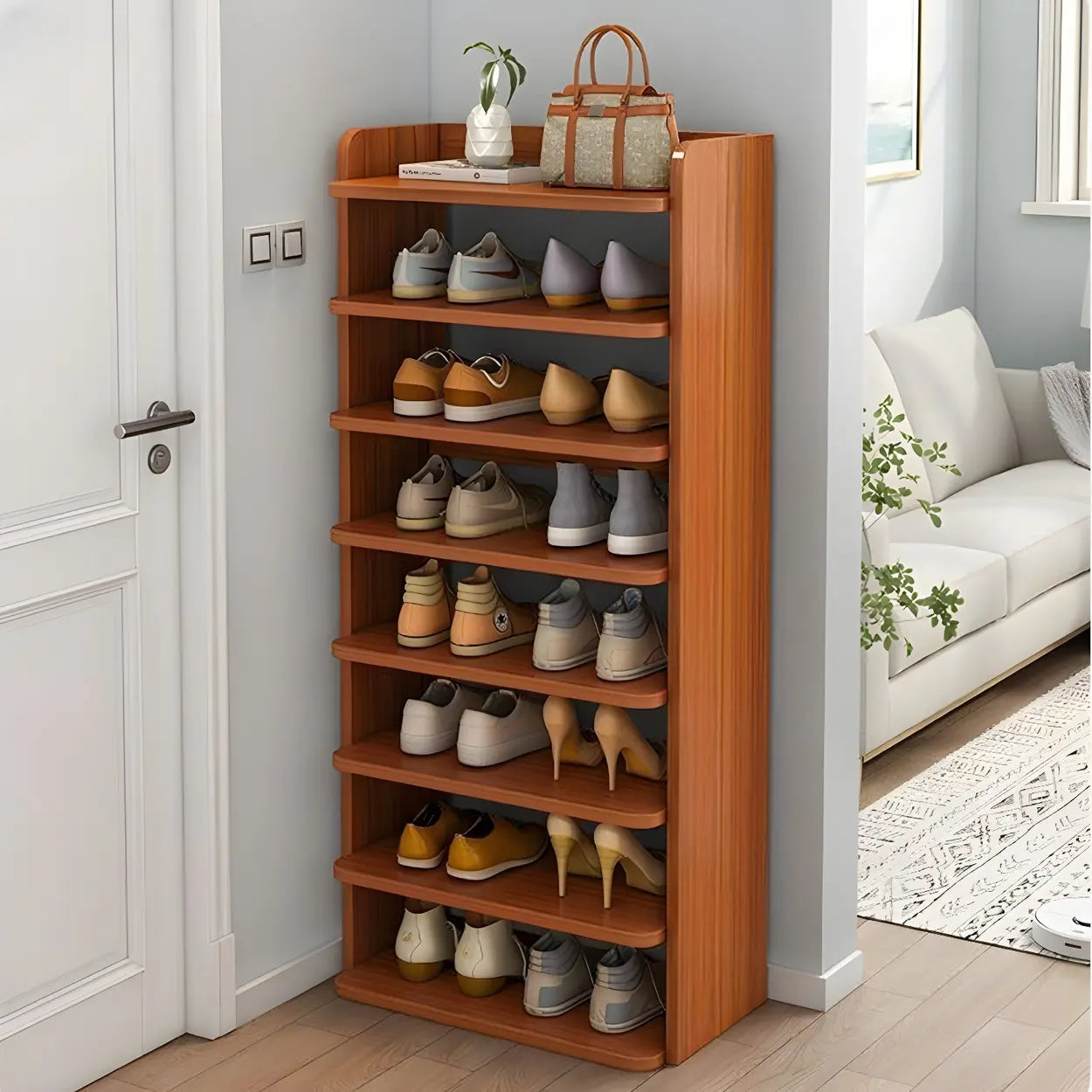 Tall Wooden Entryway Brown Large Capacity Shoe Rack Image - 1