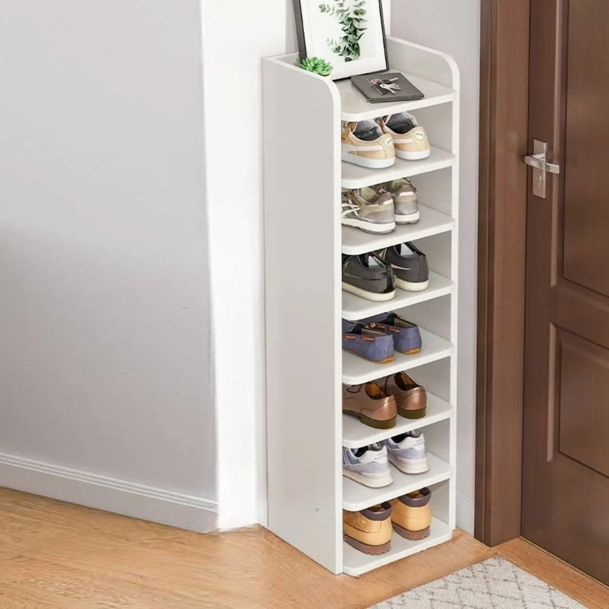 Tall Wooden Entryway Brown Large Capacity Shoe Rack Image - 20