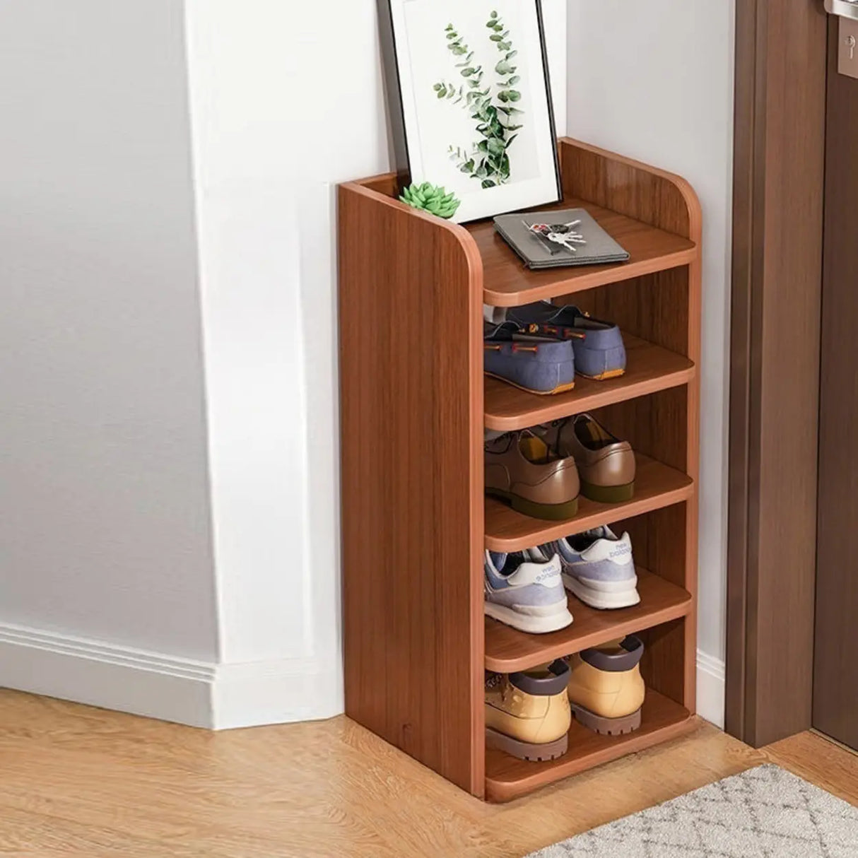 Tall Wooden Entryway Brown Large Capacity Shoe Rack Image - 21