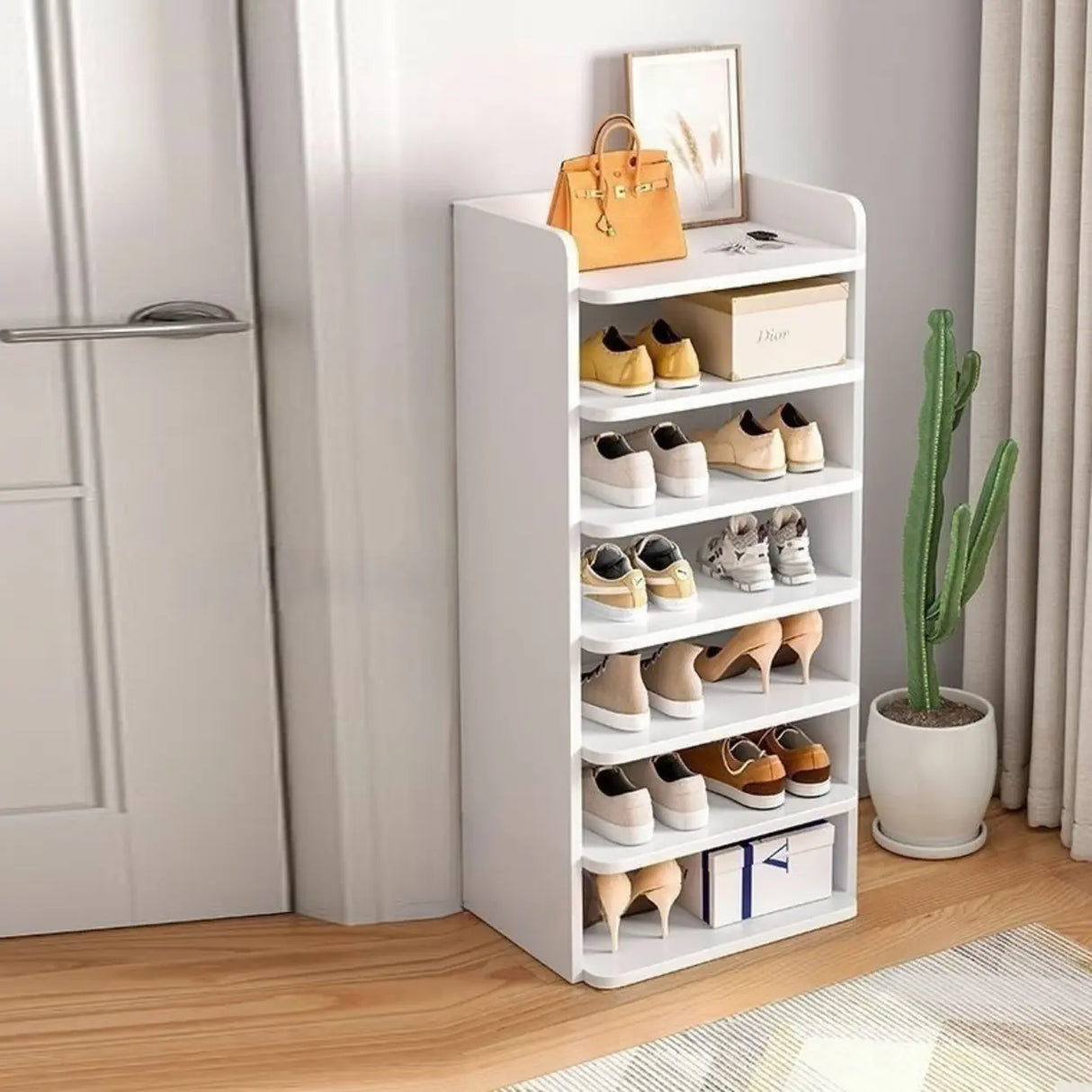 Tall Wooden Entryway Brown Large Capacity Shoe Rack Image - 26