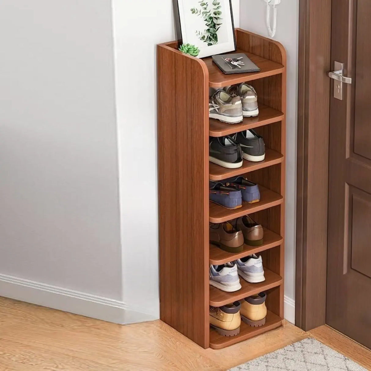 Tall Wooden Entryway Brown Large Capacity Shoe Rack Image - 27