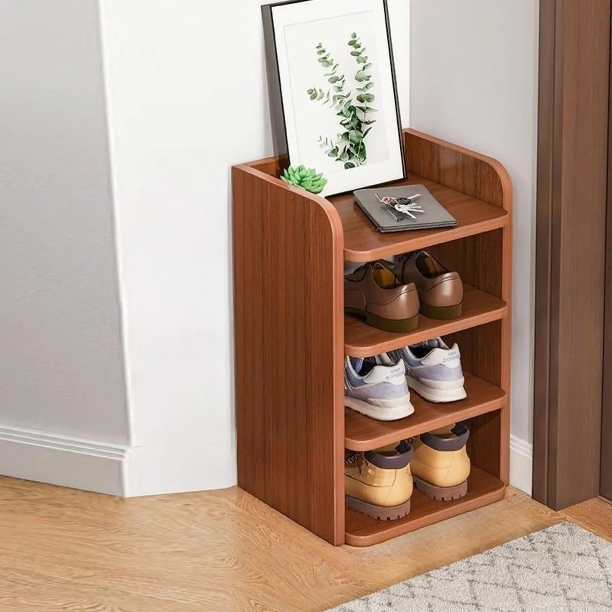 Tall Wooden Entryway Brown Large Capacity Shoe Rack Image - 29