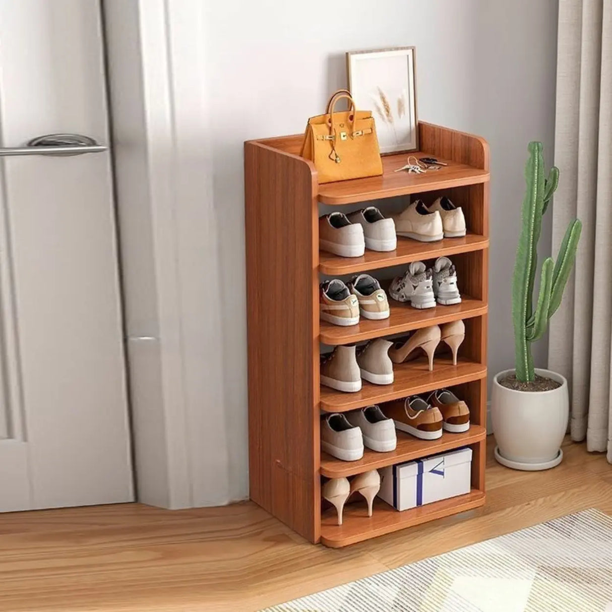 Tall Wooden Entryway Brown Large Capacity Shoe Rack Image - 31
