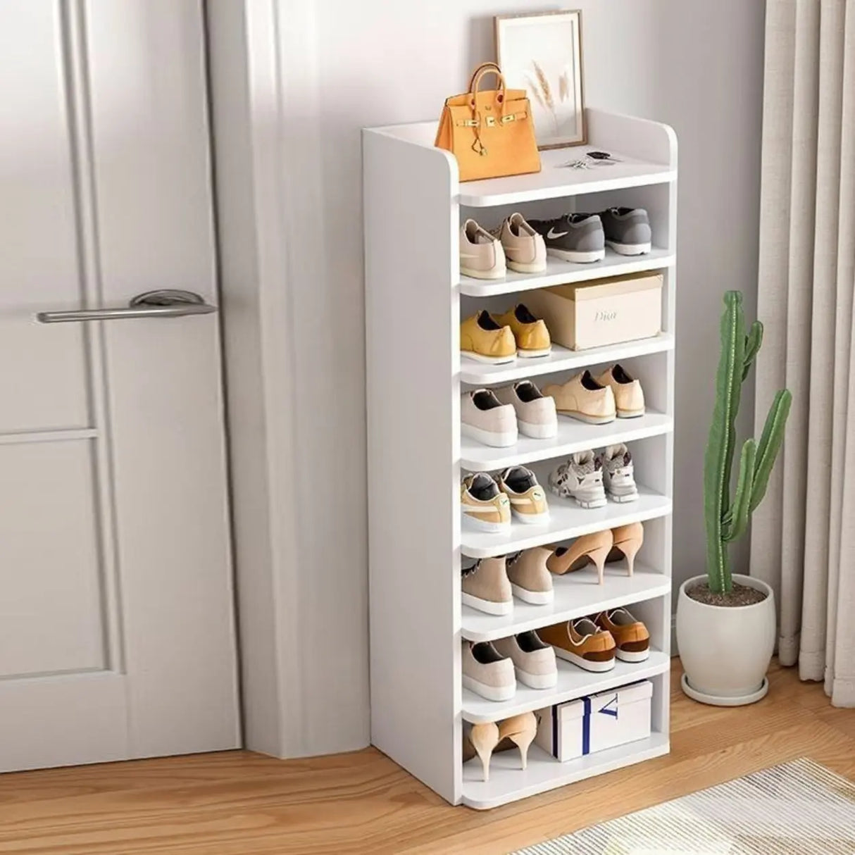 Tall Wooden Entryway Brown Large Capacity Shoe Rack Image - 33