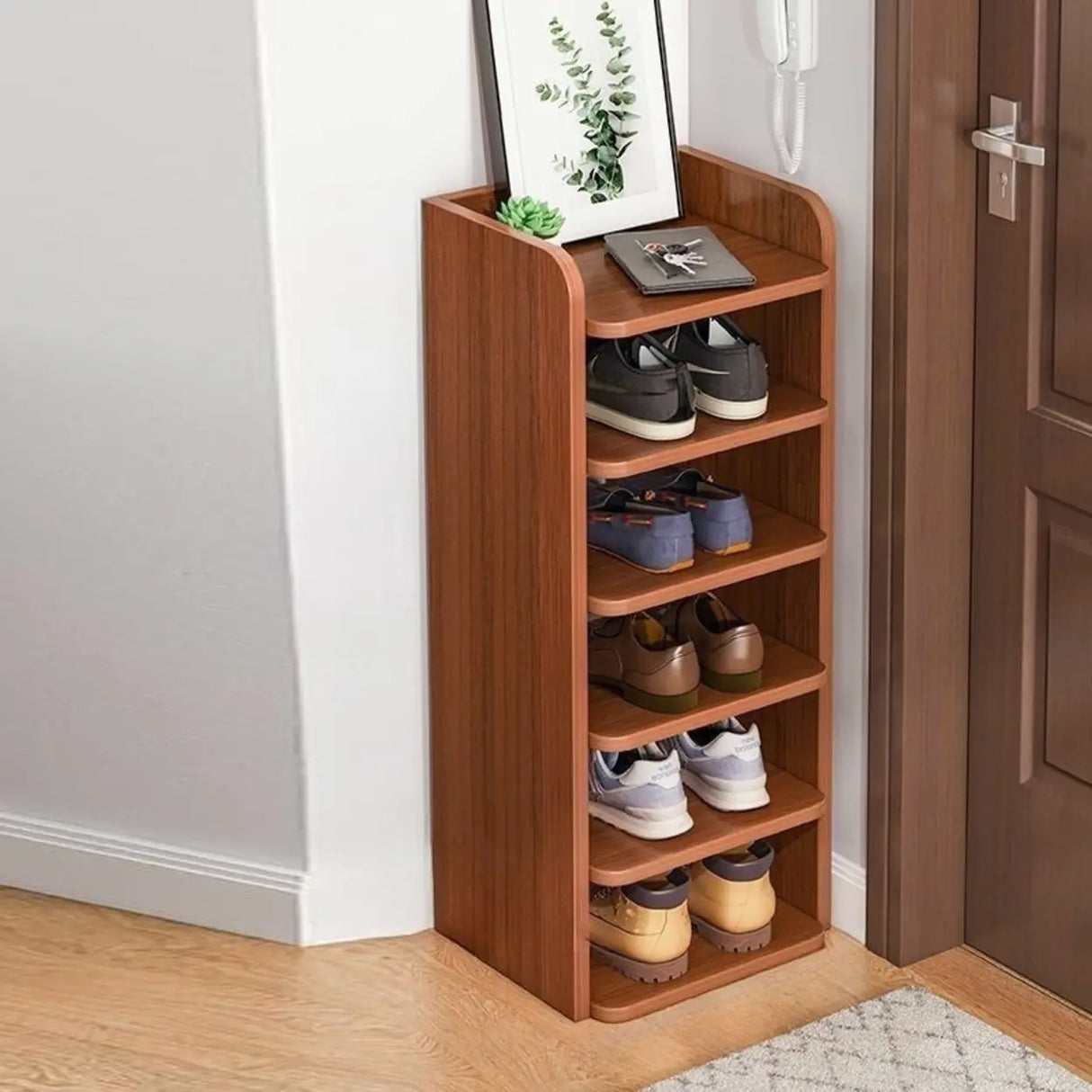 Tall Wooden Entryway Brown Large Capacity Shoe Rack Image - 34