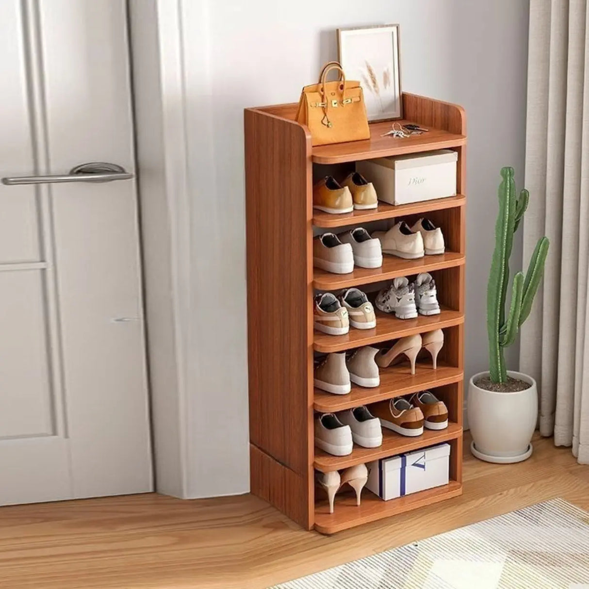 Tall Wooden Entryway Brown Large Capacity Shoe Rack Image - 36