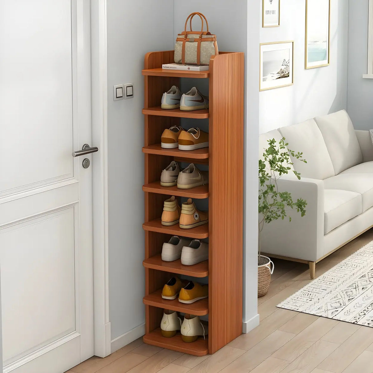 Tall Wooden Entryway Brown Large Capacity Shoe Rack Image - 6