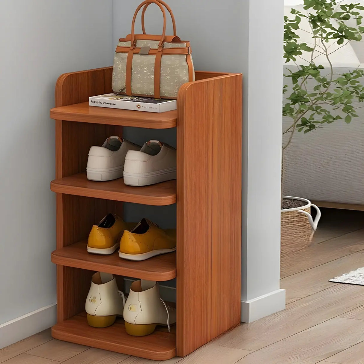 Tall Wooden Entryway Brown Large Capacity Shoe Rack Image - 7