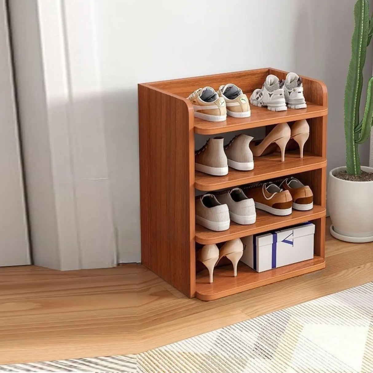 Tall Wooden Entryway Brown Large Capacity Shoe Rack Image - 8