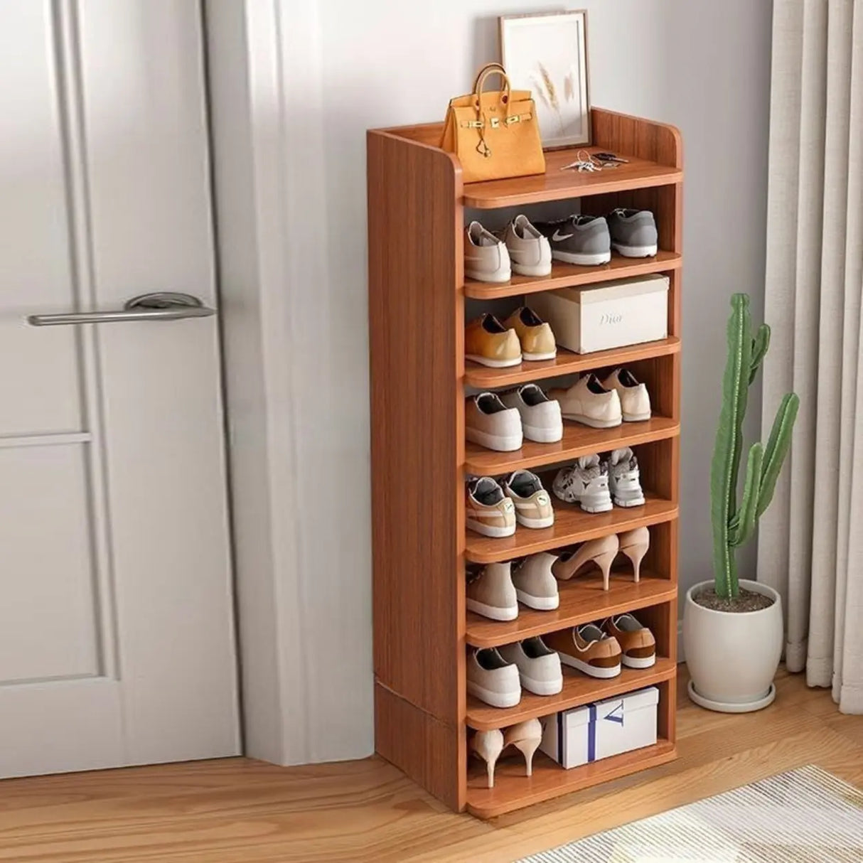 Tall Wooden Entryway Brown Large Capacity Shoe Rack Image - 9