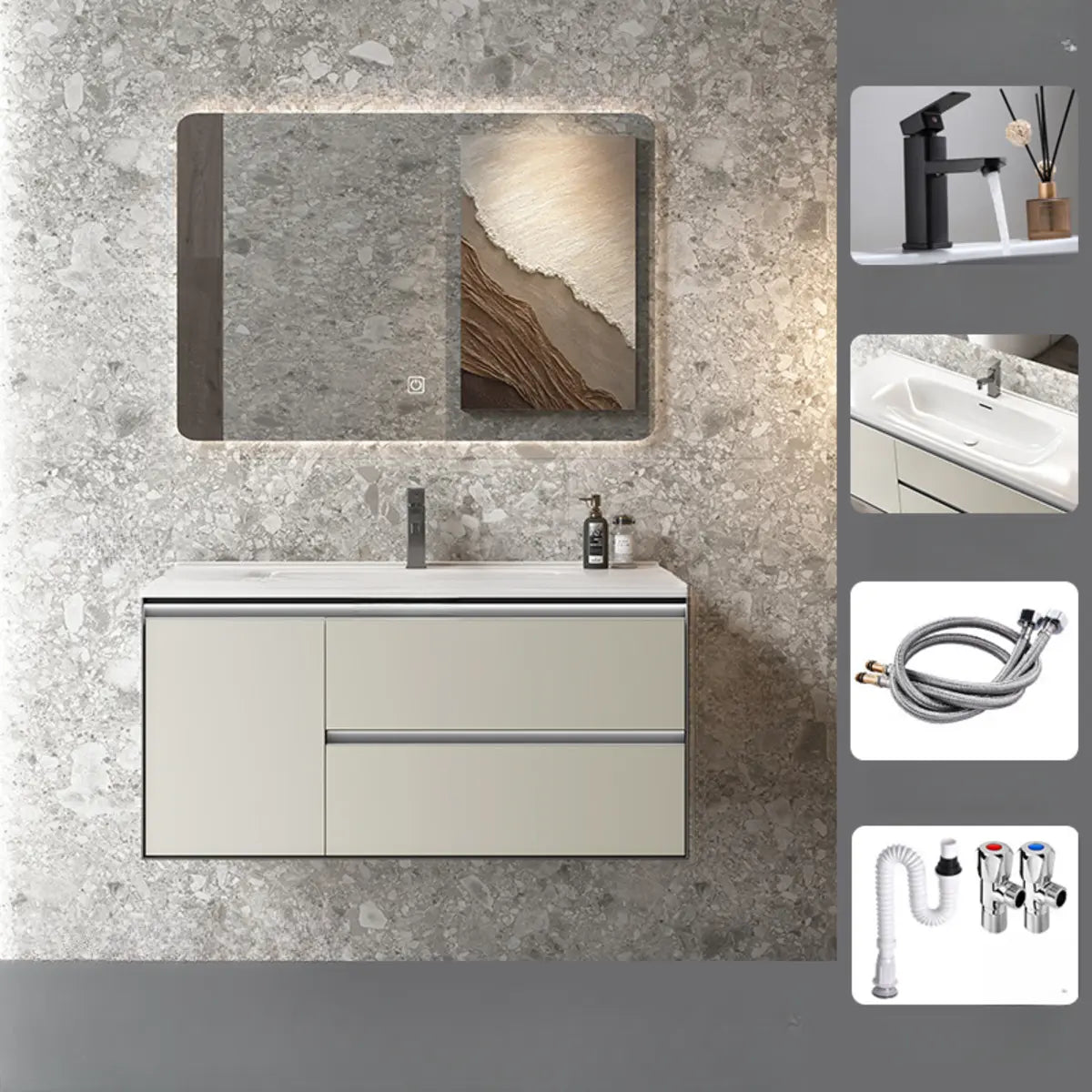 Tan Sink MDF Bathoom Vanity with Storage and Mirror Image - 4