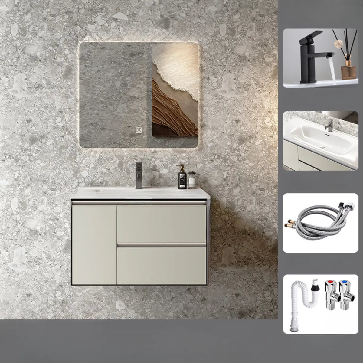 Tan Sink MDF Bathoom Vanity with Storage and Mirror Image - 6