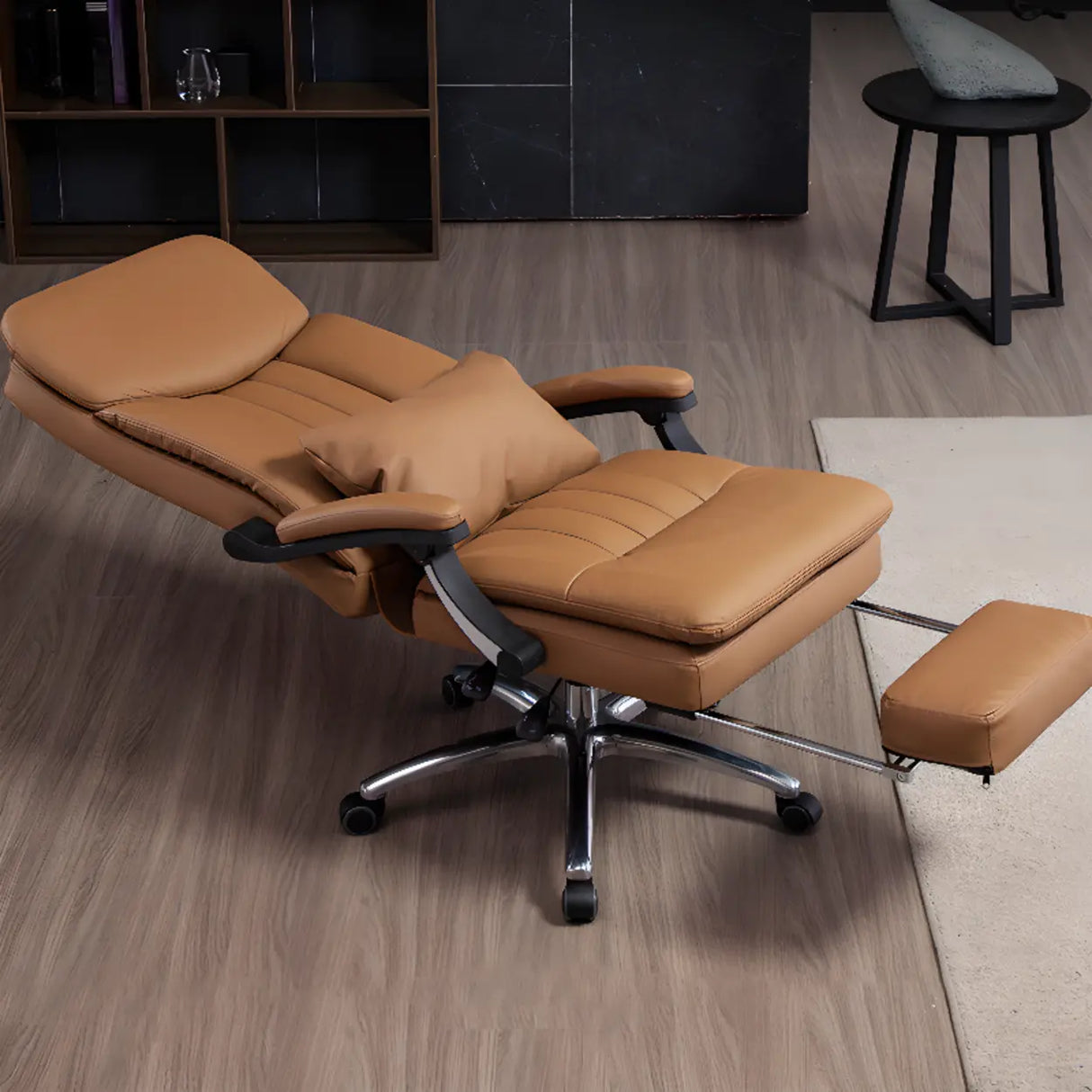 Tan Swivel Reclining Calfskin Office Chair with Footrest Image - 1